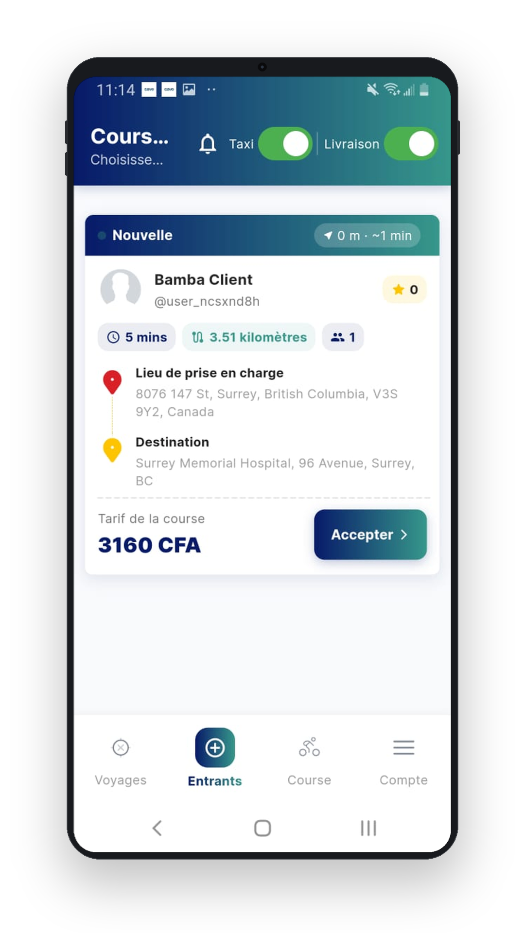 App chauffeur — Nouvelle course